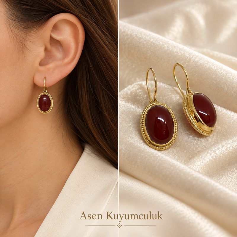 OVAL Akik Taşlı Küpe