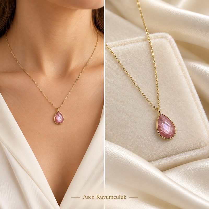 PEMBE Renkli taşlı kolye