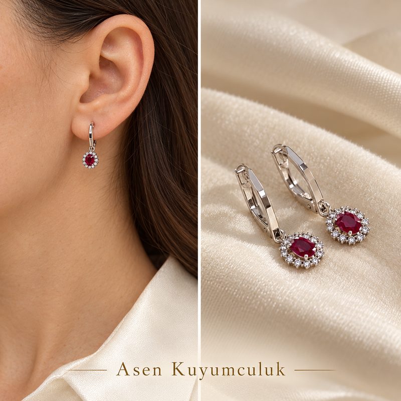 YAKUT RENKLİ TAŞLI BEYAZ ALTIN Küpe