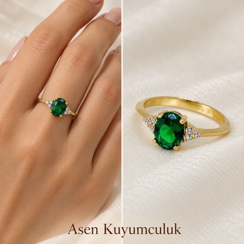 Yeşil taşlı minimal yüzük